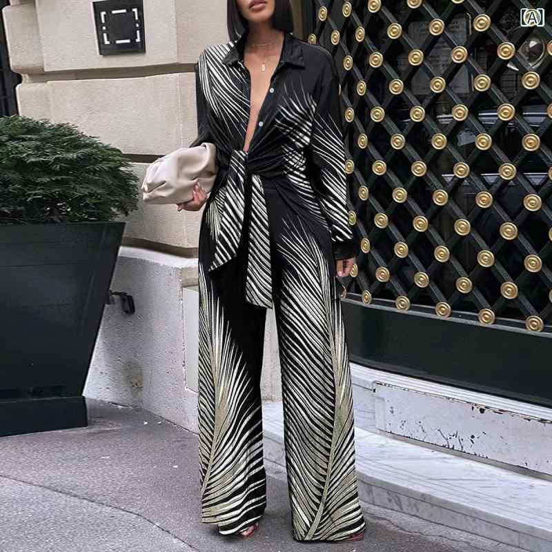 セットアップ レディース 欧米風 グラデーション 長袖 トップス ロングパンツ 2点セット ポリエステル エレガント 通勤 ブラック系