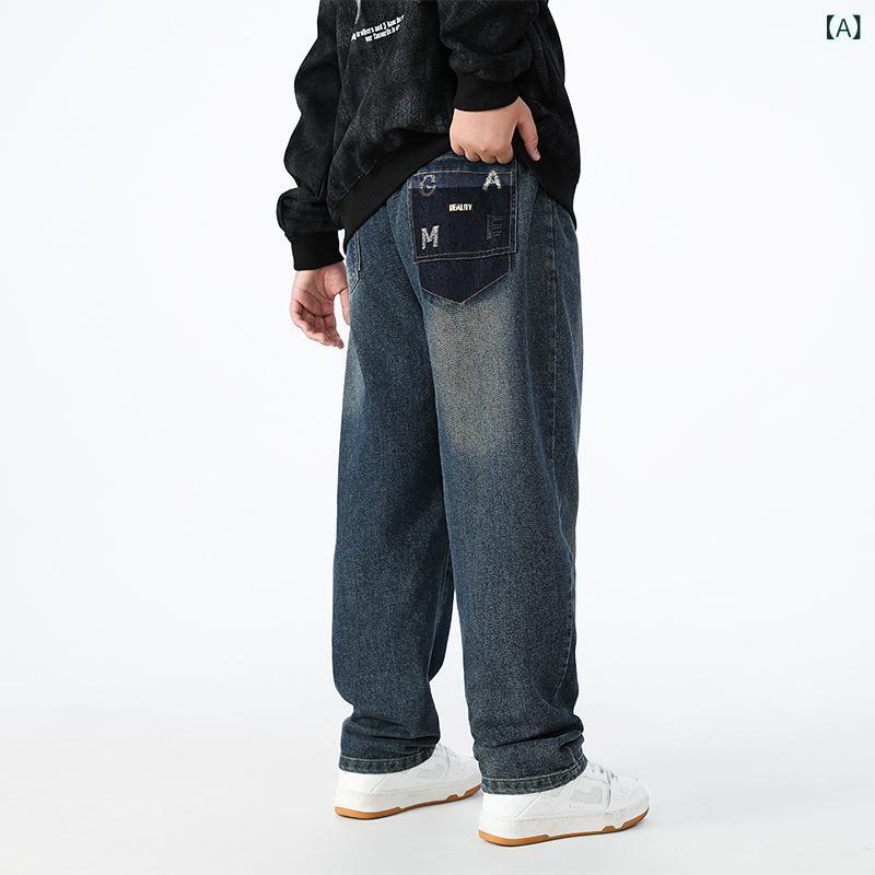 ジーンズ キッズ 男の子 子供服 ゆったり デニムパンツ ストレート ロングパンツ 普段着 通学着 ブルー 140 150 160 170 180cm