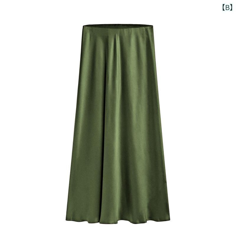 スカート レディース 春夏 Aライン ミモレ丈 サテン ウエストゴム スリット ポリエステル ブラック カーキ ベージュ ブラウン シャンパン グリーン グレー チョコレート ブルー ネイビー ワインレッド オリーブ レッド ヒョウ柄 アニマル柄