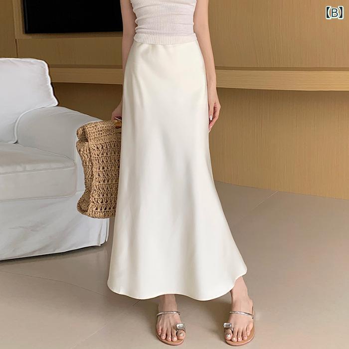 スカート レディース ハイウエスト 着痩せ シルエット Aライン ロング丈 サテン ポリエステル 無地 ブ..