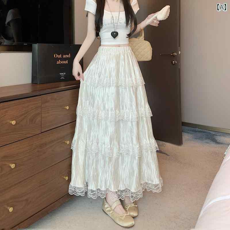 スカート レディース 米白色 サテン レース 花柄 ケーキスカート 春夏 新作 ハイウエスト Aライン ロングスカート 杏色 黒