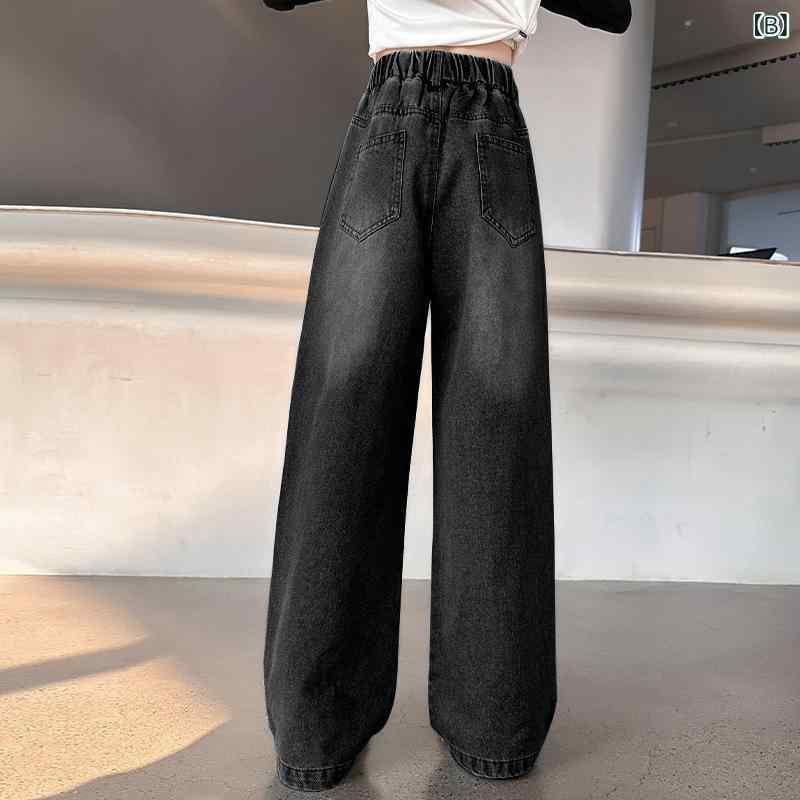 子供服 ジーンズ ガールズ 裏起毛 デニムパンツ ワイドレッグ ストレート ズボン ウエストゴム カジュアル 普段着 春秋 120 130 140 150 160 170 ブラック ブルー