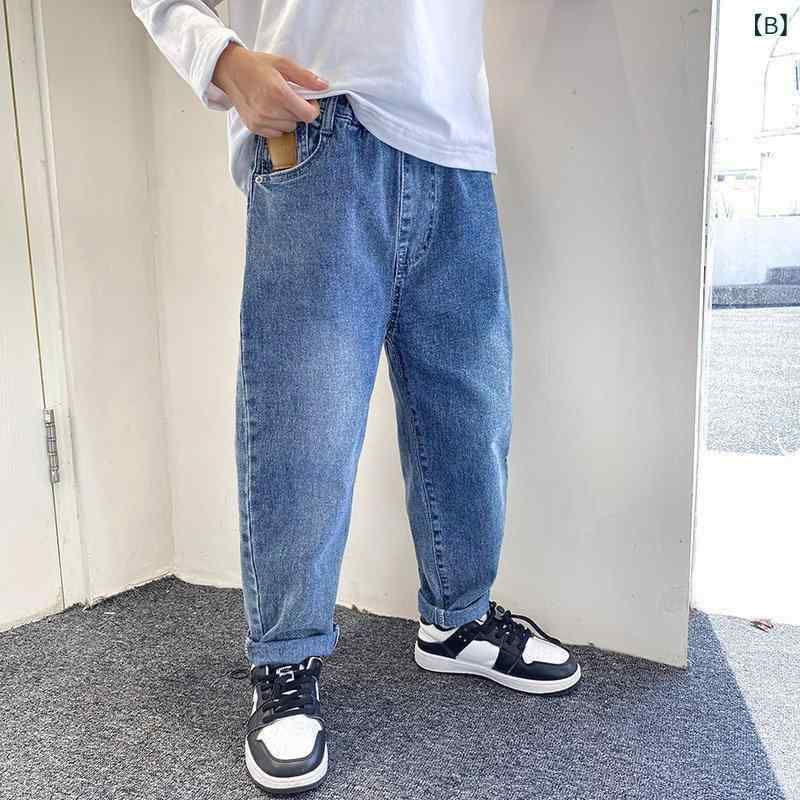 子供用ジーンズ 男の子 デニムパンツ ロングパンツ 春秋 B類 中厚手 ウエストゴム コットン混紡 無地 普段着 韓国風 110cm 120cm 130cm 140cm 150cm 160cm 170cm ブルー