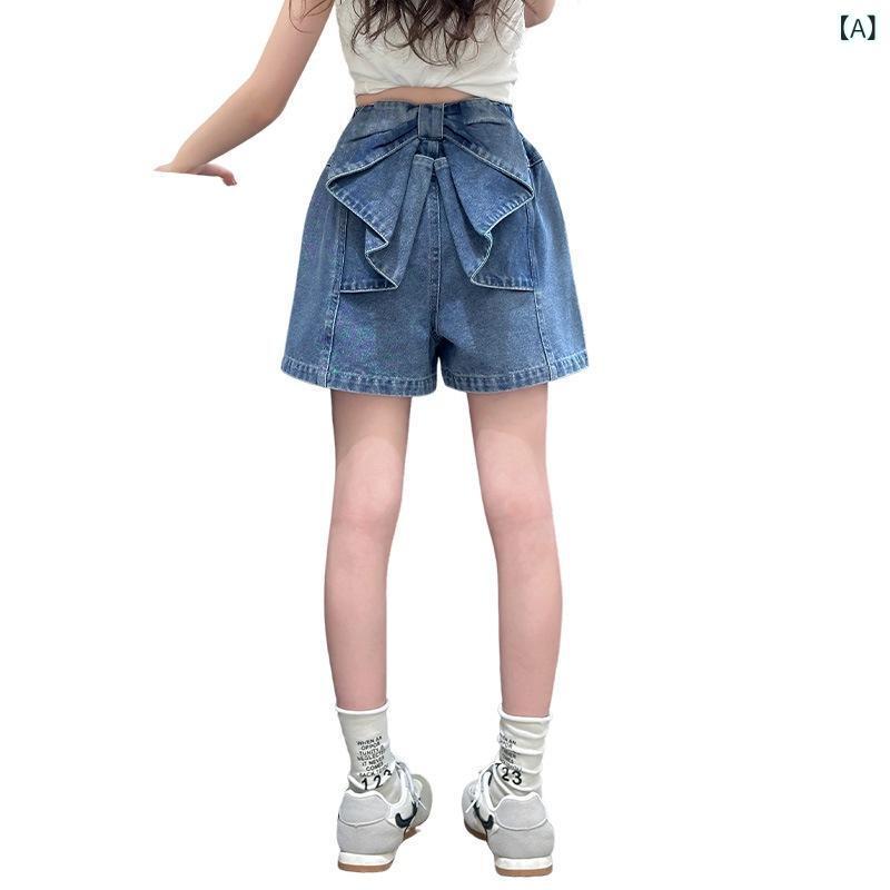 子供服 デニムショートパンツ 女の子 バタフライ 蝶結び付き 短パン 夏 B類 中大童 120cm 130cm 140cm 150cm 160cm 170cm 中ウエスト 砂洗加工