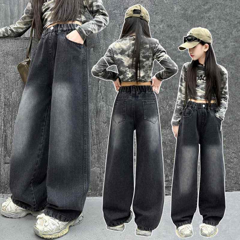 デニムパンツ キッズ 女の子 子供服 ワイドレッグパンツ ガールズ 春秋 高学年 ジュニア ブラック ジーンズ ジーパン 長ズボン ボトムス 普段着 おしゃれ かわいい スポーティ