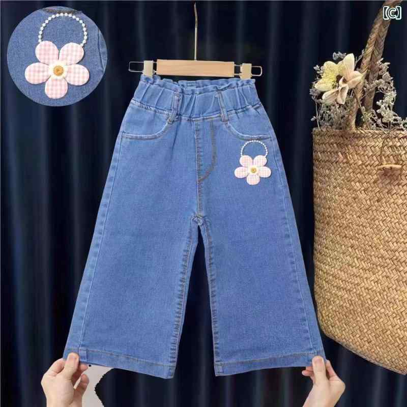 デニムパンツ ガールズ 子供服 春夏 ワイドレッグ 9分丈 ウエストゴム 韓国風 かわいい おしゃれ 100cm 110cm 120cm 130cm 140cm