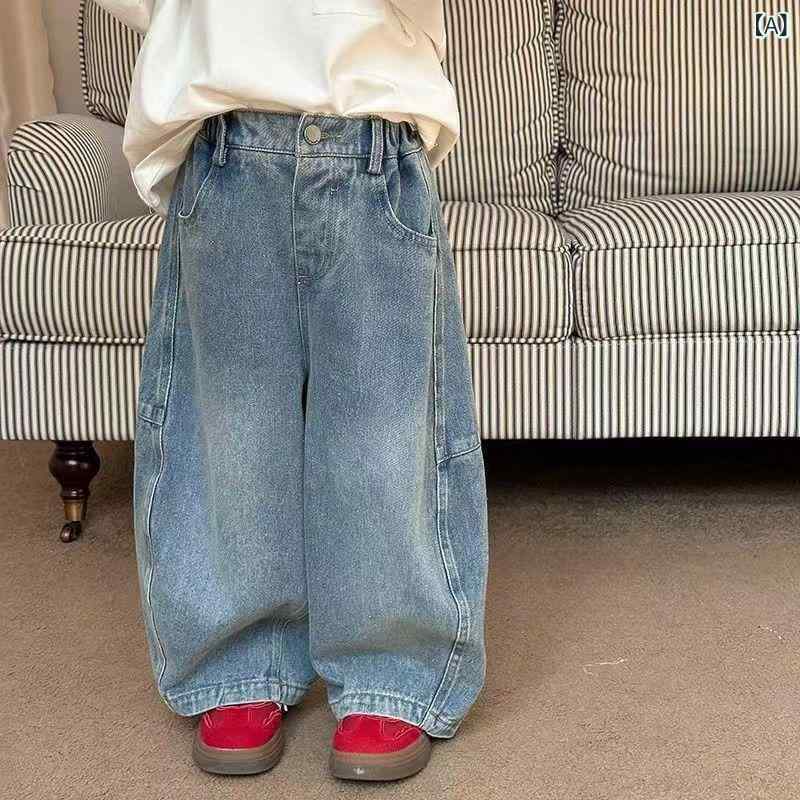 子供服 デニム ワイドパンツ 春秋 男女兼用 キッズ デニムパンツ ゆったり 普段着 ウエストゴム 90cm 100cm 110cm 120cm 130cm 140cm