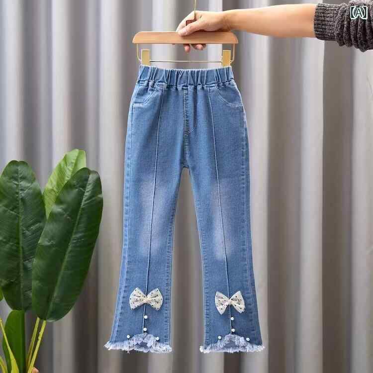 子供服 ジーンズ 女の子 ズボン デニムパンツ 春秋 中小童 8分丈 レース リボン バタフライ かわいい ガールズ 女児 薄手 普段着 韓国風 伸縮性