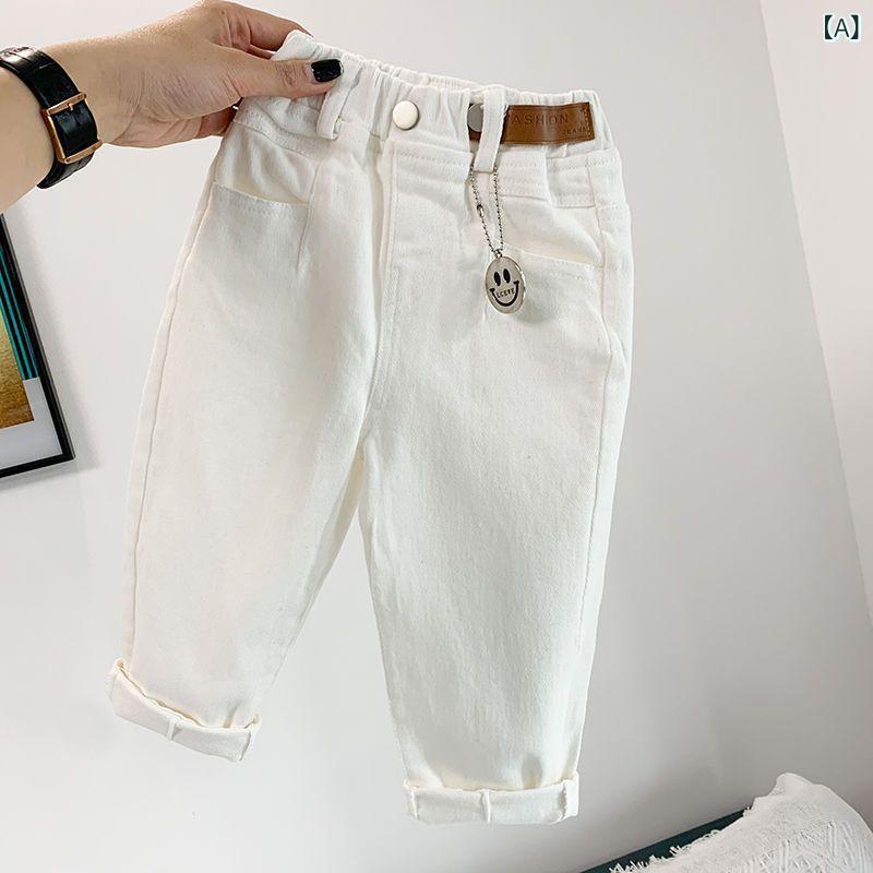 パンツ キッズ 男女兼用 子供服 韓国風 デニム カジュアルパンツ ロングパンツ 春秋 ベビー 幼児 白 黒 ベージュ 伸縮性 通園 通学 普段着