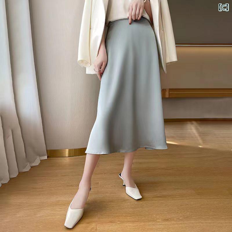 スカート レディース Aライン シルク混紡 膝丈 ミモレ丈 高見え シャンパンカラー