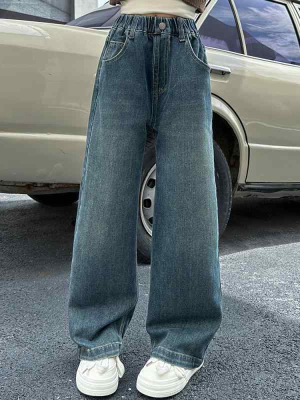 子供服 パンツ ガールズ デニム 春秋 ワイドレッグ 女の子 ズボン 8歳以上 140cm以上 伸縮性 普段使い ..