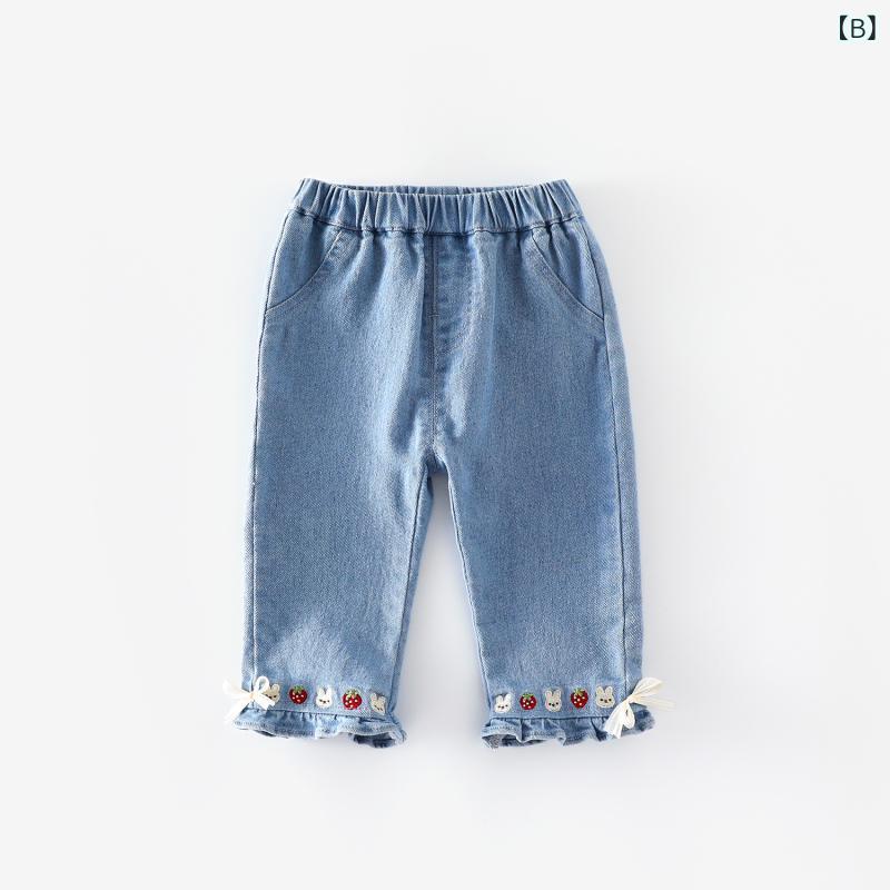 子供用ジーンズ 女の子 秋物 デニムパンツ ロングパンツ ストレートパンツ ウサギ 韓国風 かわいい いちご 春秋 中小 बच्चों