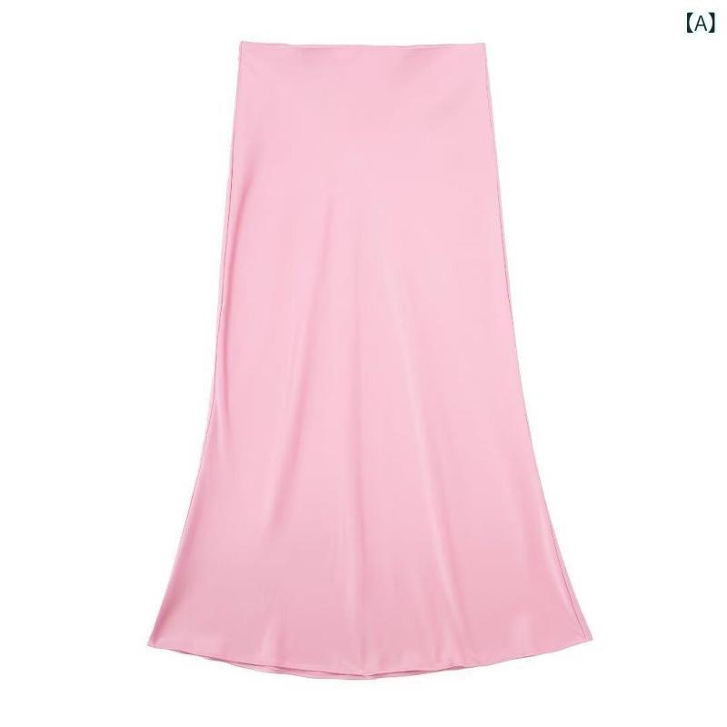 スカート レディース 春夏 ミディ丈 膝下 Aライン ポリエステル サテン 無地 ピンク系 ブラック