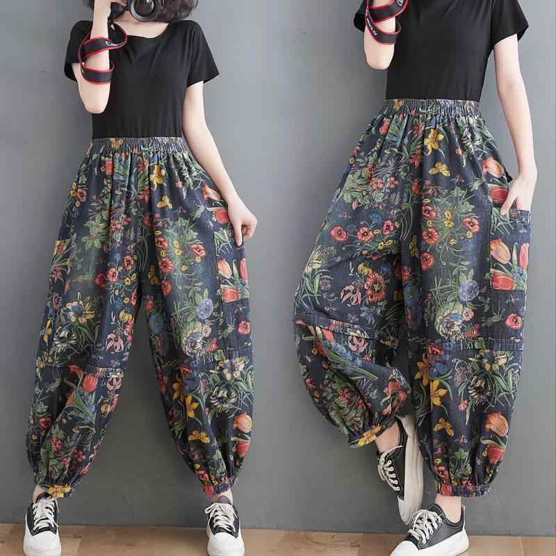 デニム レディース 大きいサイズ 春夏 レトロ柄 プリント ジーンズ ゆったり ワイドレッグパンツ ハイウエスト スタイルアップ 九分丈 マカロンカラー