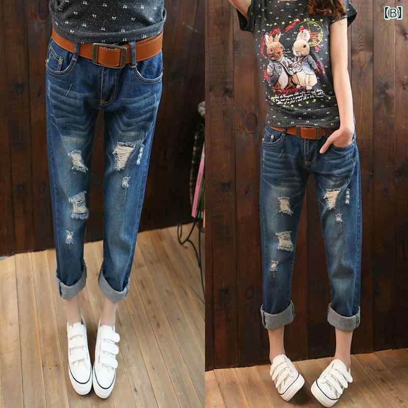 デニムパンツ レディース ハーレムパンツ 7分丈 浅ブルー 深ブルー ダメージ加工 ウォッシュ加工 ジーパン ジーンズ(4)