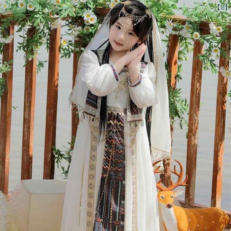 チャイナドレス ガールズ 古風 西域 公主 シルクロード 明珠 ワンピース チュール レース 民族衣装 舞..