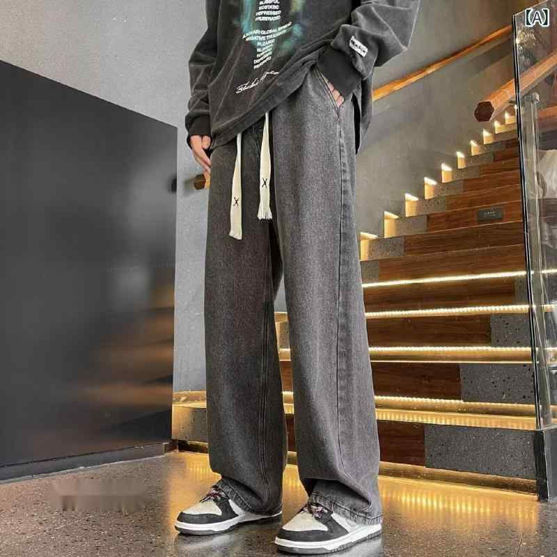 Bottoms - デニム メンズ ストレートジーンズ ウォッシュ加工 ワイドレッグ バギーパンツ ルーズフィット カジュアル Gパン ジーパン ロングパンツ ズボン 春夏 薄手 コットン 中腰 ゆったり ブラック グレー ブルー