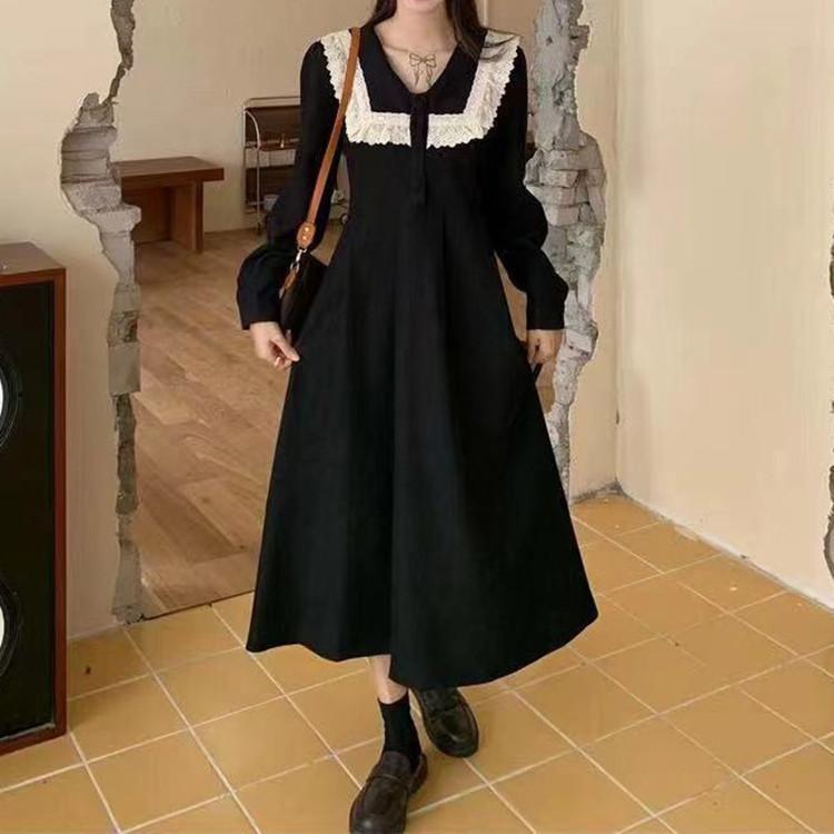 ワンピース レディース 韓国風 Aライン 長袖 コーデュロイ 膝下丈 Vネック ゆったり ギャザー カ Key ..