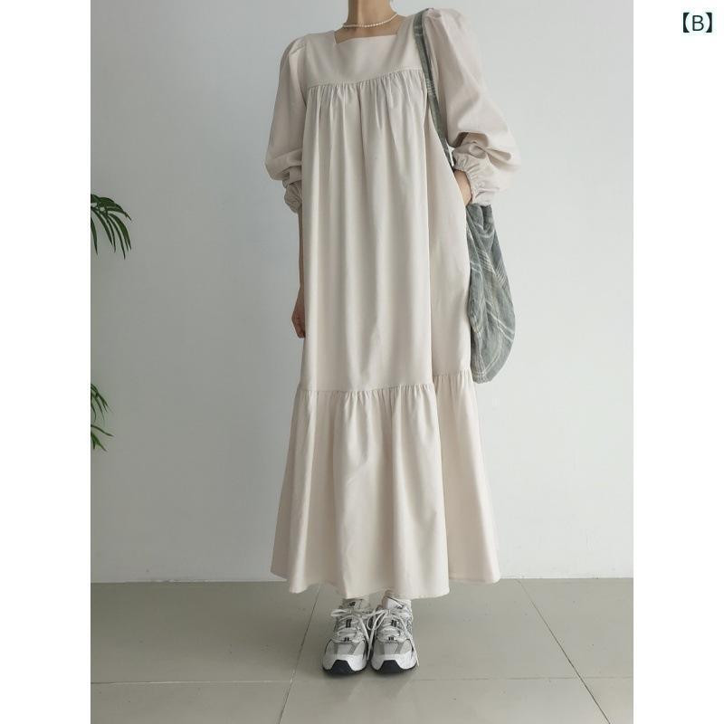 ワンピース レディース 秋冬 レトロ Aライン コーデュロイ 3色 長袖 膝下丈 ひざ下 ミモレ丈 パフスリーブ ギャザー ゆったり ブラウン ベージュ ブラック