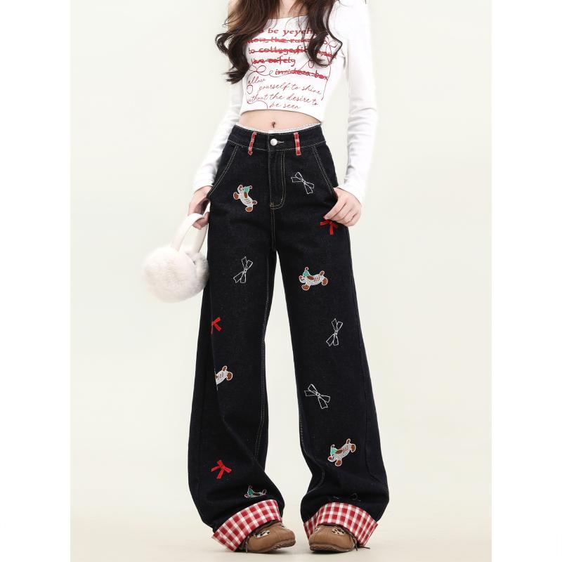 デニム メンズ 格子柄 切り替え 刺繡 デニムパンツ ワイド ゆったり ストレート ロングパンツ カジュアル ブラック 黒色 咖啡色 普段使い