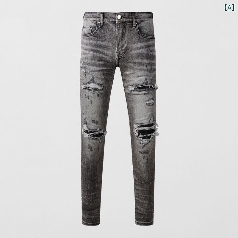 デニム メンズ デニムパンツ ジーンズ スキニーパンツ ダメージ リペア ウォッシュ加工 伸縮性 ストリート カジュアル ファッション グレー