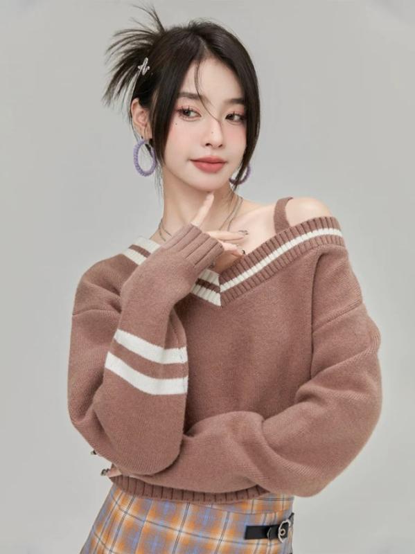 ニット・セーター レディース 秋冬 Vネック 配色 切り替え ショート丈 トップス 長袖 カジュアル かわ..