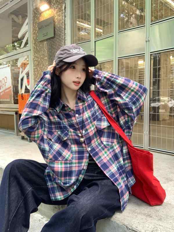 シャツ レディース 格子柄 春夏 アウター ブラウス ゆったり 大きめサイズ ポロ襟 長袖 紫外線対策 7分袖 快適 普段着 韓国風 デイリー カジュアル 婦人服 ポリエステル
