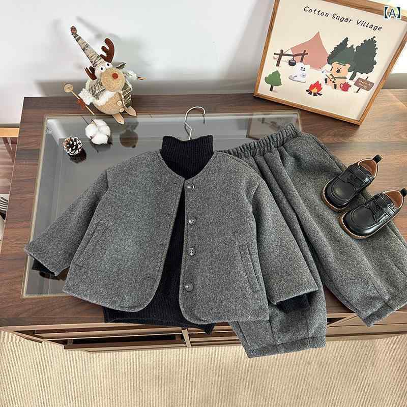 子供用コート パンツセット 男の子 ウール混紡 厚手 冬服 グレー ニット 2点セット 90cm 100cm 110cm 120cm 130cm 140cm 1...