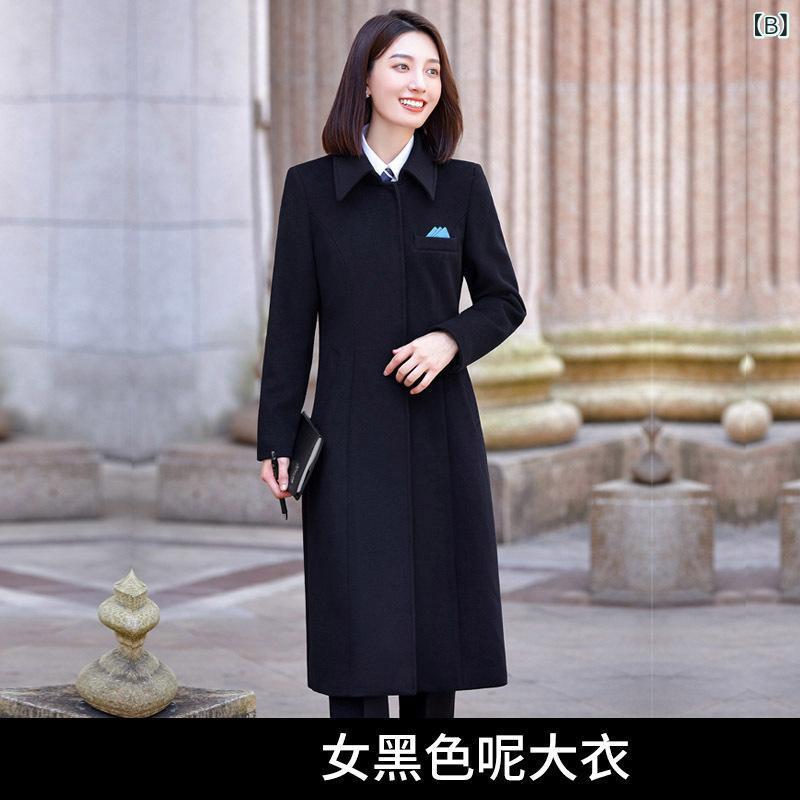 ウールコート レディース 秋冬 ミドル丈 アウター ジャンパー ジャンバー 作業着 ホテル フロント オフィス 制服 事務服 ポリエステル 紺 黒