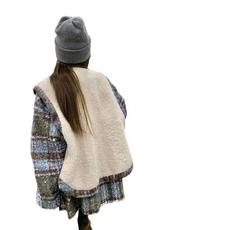 コート レディース 格子柄 ウール 毛呢 アウター 秋冬 厚手 韓国風 ゆったり ラウンドネック ママ ミドル丈 ウール アクリル 切り替え ポケ...