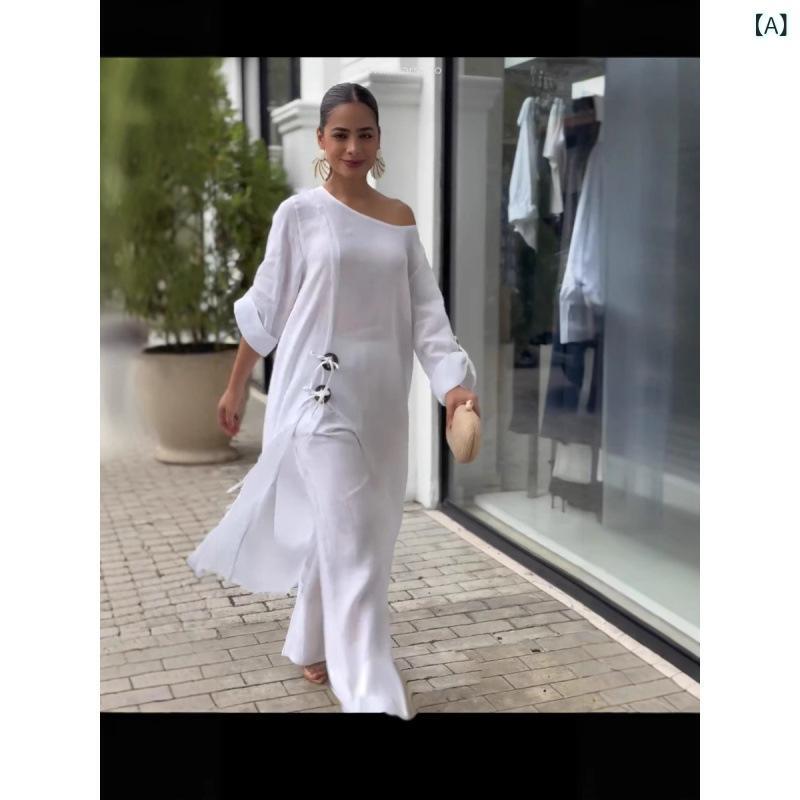 レディース パンツ セットアップ 春夏 幾何学模様 ルーズ ロング丈 快適 婦人服 長袖 ホワイト