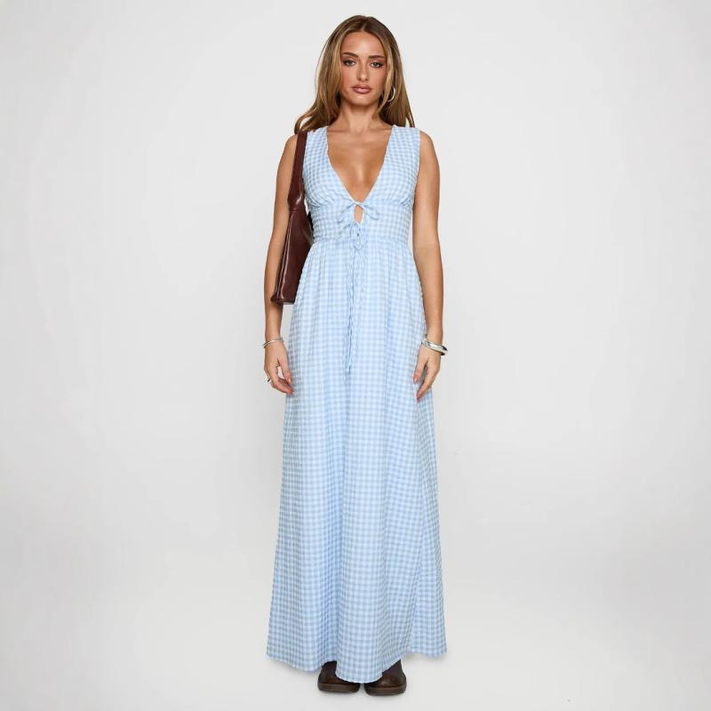 ワンピース レディース 春夏 フレンチ チェック柄 キャミソール Aライン ロング 高見え 吊りスカート 浅ブルー ブラック 通勤 エレガント