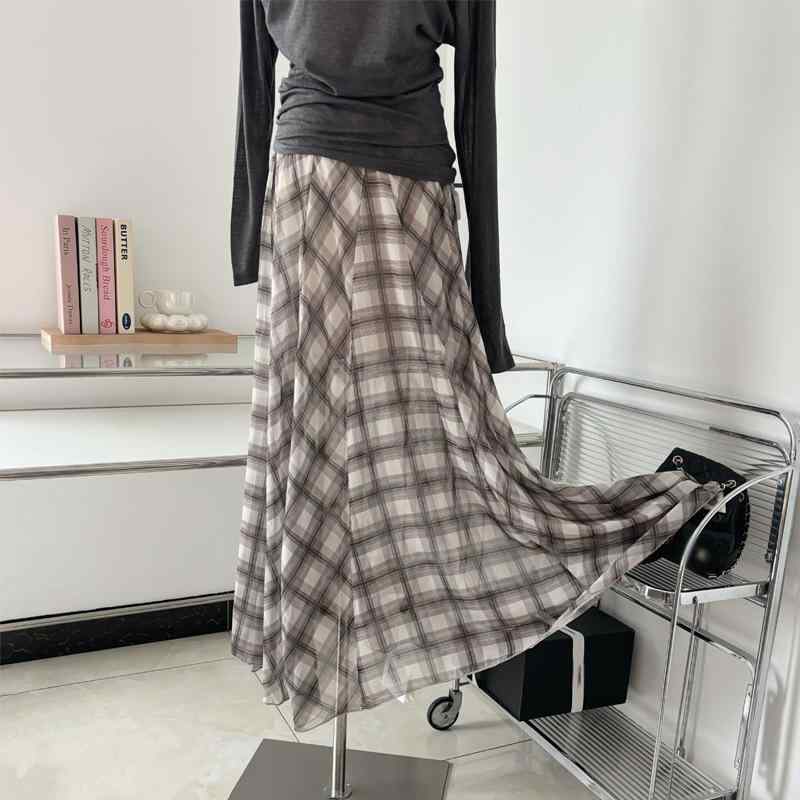 スカート レディース 春夏 チェック柄 ロングスカート Aライン ゆったり ポリエステル 文芸風 レトロ ..