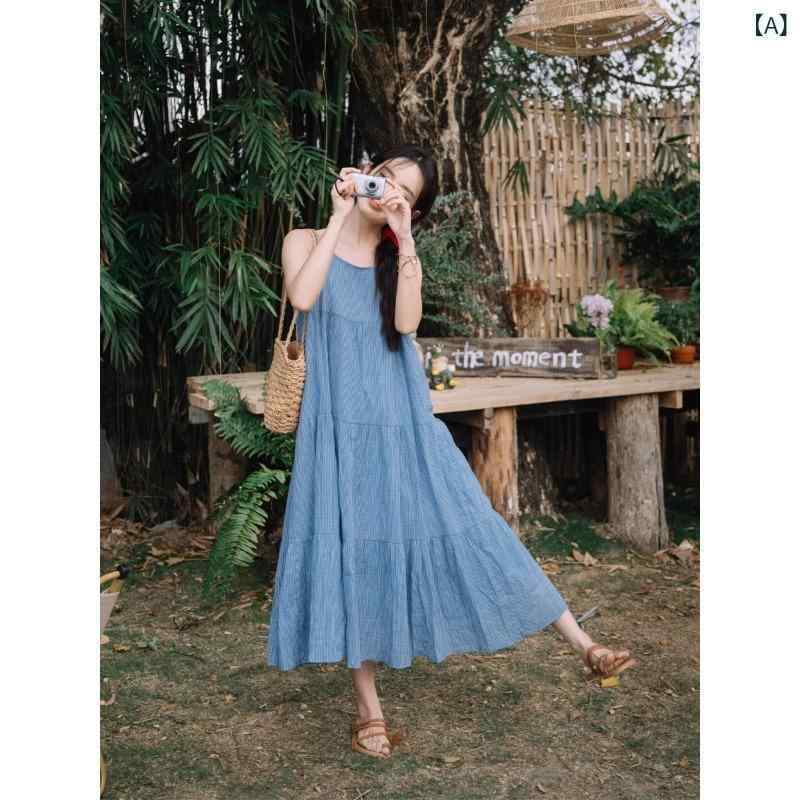 ワンピース レディース ブルー系 コットンリネン ノースリーブ Aライン ロングワンピース 街頭風 吊り..
