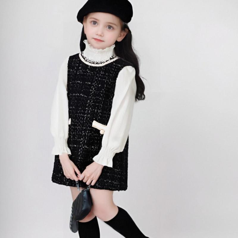 子供用セットアップ ワンピーススーツ 女の子用 アンサンブル 春秋物 法式 かわいい 粗編み ベストワンピース 長袖トップス 2点セット 普段着 おしゃれ着 90 100 110 120 130 140 ブラック ベージュ(4)