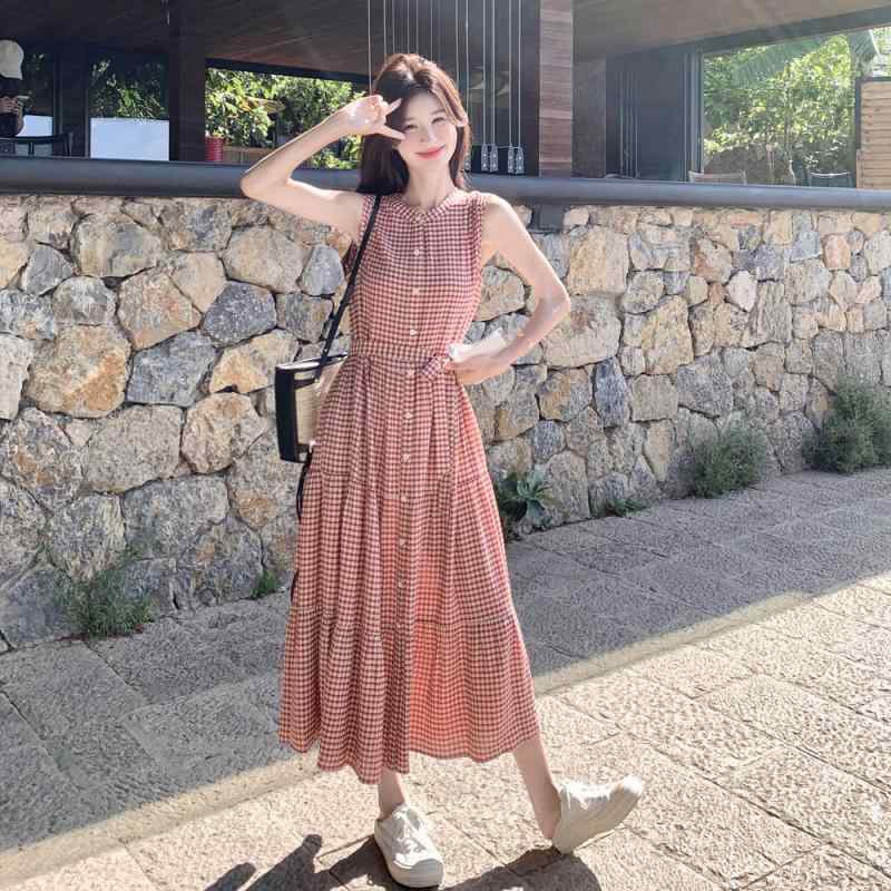ワンピース レディース レッド系 チェック柄 ノースリーブ Aライン ハイウエスト ポリエステル 膝丈ワ..