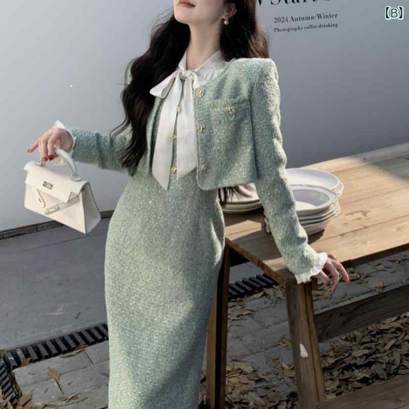 セットアップ レディース 秋冬 韓国風 加綿 ツイード ジャケット ロング キャミソールワンピース 2点セ..