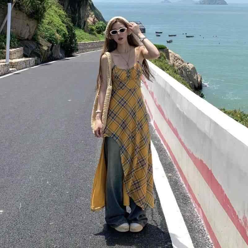 ワンピース レディース ビーチワンピース 春夏 アシンメトリー イエロー チェック柄 吊りスカート ポリエステル ストリートファッション ロングワンピース(4)