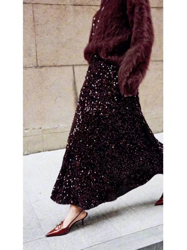 スカート レディース ベルベット Aライン ロング チョコレート キラキラ 伸縮性 普段使い 私服名媛風