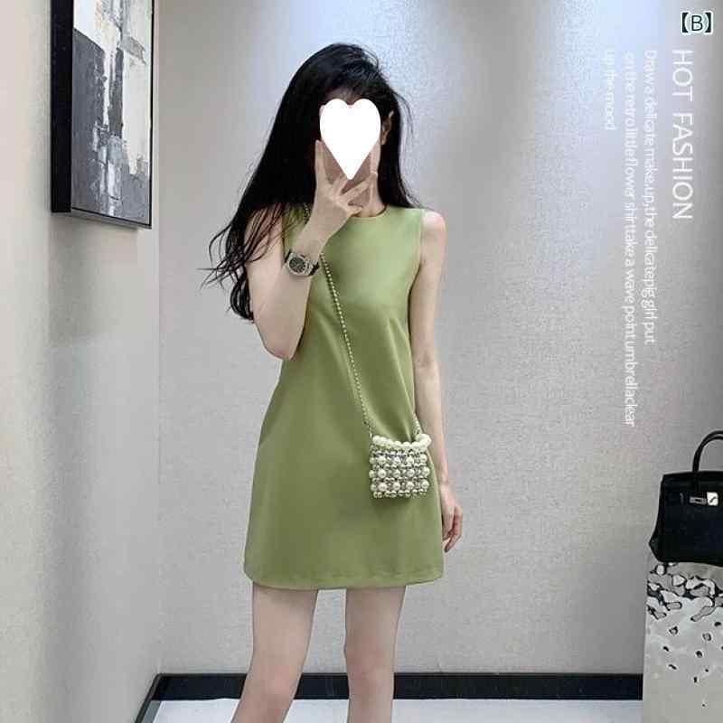 ワンピース レディース ノースリーブ Aライン 膝丈 格子柄 黒白 モノクロ アボカド色 粘着性繊維 街頭..