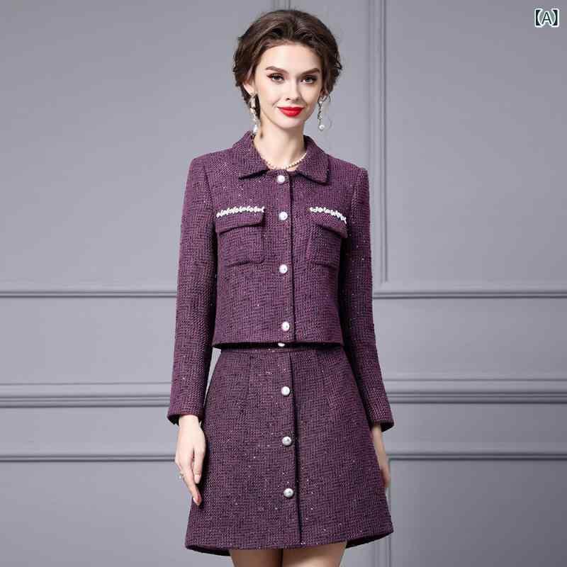 ・柄: 無地・スカート丈: ミニ・素材: ポリエステル、ウール・色: ワインレッド・サイズ: S、L・スタイル: エレガント、通勤・袖丈: 長袖・袖のタイプ: レギュラー・種類: スカートセット