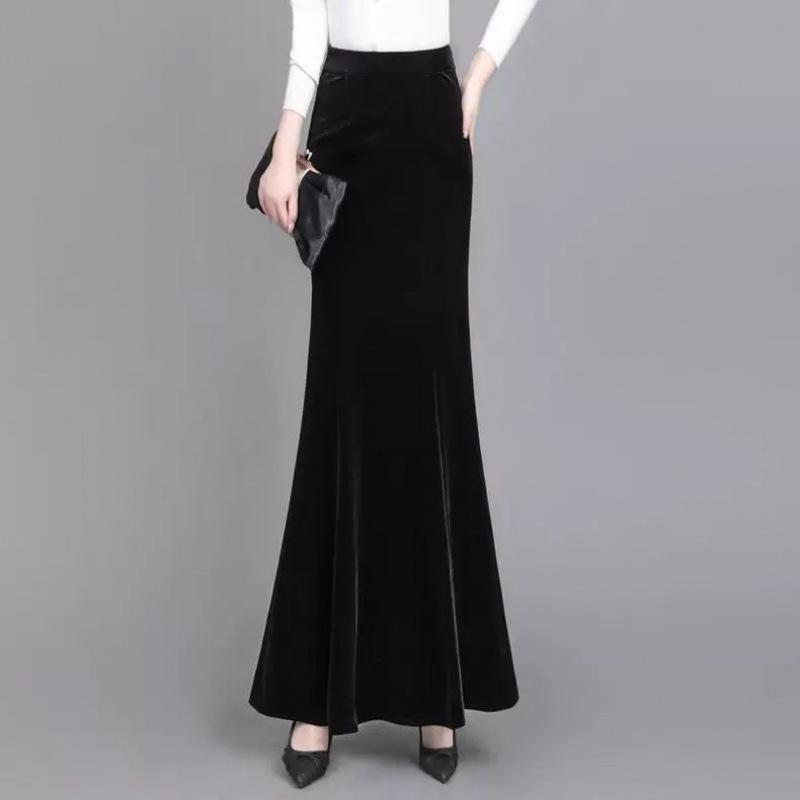 スカート レディース 金糸ベルベット マーメイド 秋冬 ドレープ感 細見え 高身長 包臀 ロングスカート 気質 無地 ポリエステル ブラック