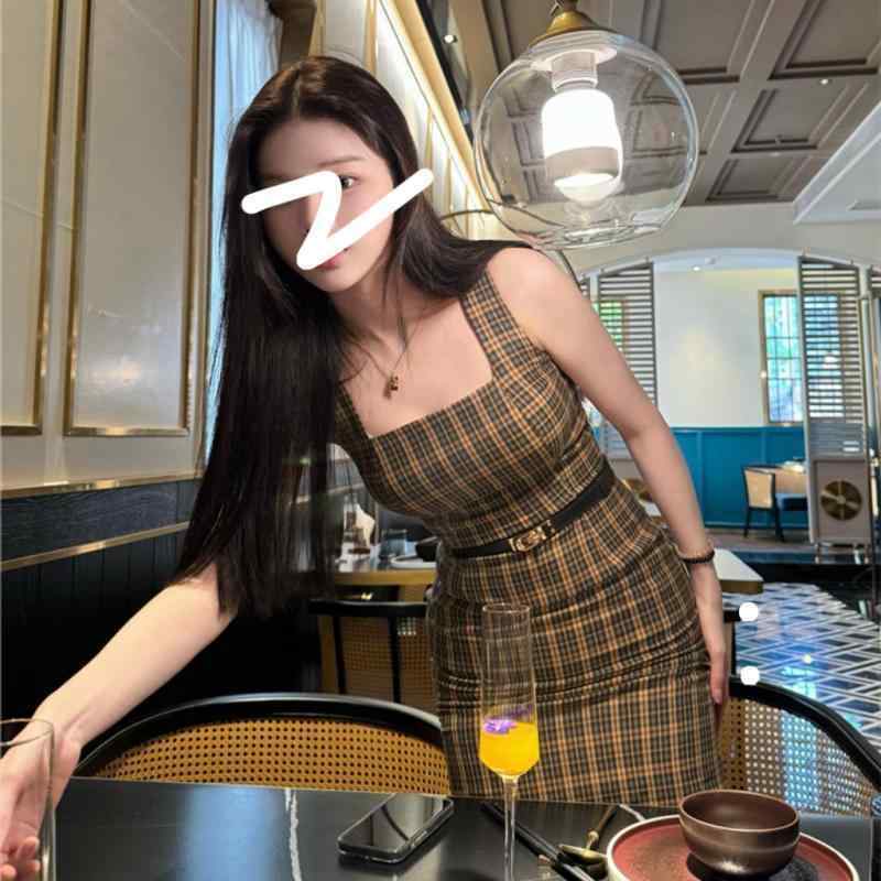 ワンピース レディース レトロ チェック柄 キャミソールワンピース デザイン性 セクシー スリット入り タイトスカート ポリエステル素材 ミディアム丈ワンピース