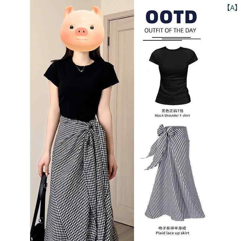 スカート レディース 黒白格子柄 ロングスカート 不規則 Aライン 巻きスカート ポリエステル レトロ調