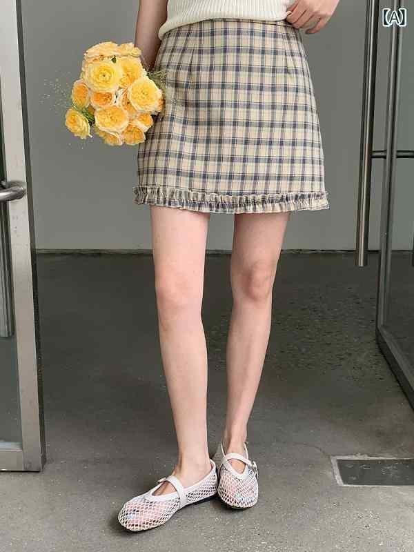 スカート レディース 韓国風 チェック柄 フリル Aライン ミニスカート 春夏 コットン ブルー