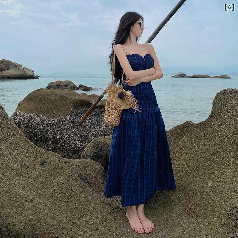 ワンピース レディース ブルー系 格子柄 ビスチェ Aライン ミモレ丈 膝下丈 ノースリーブ 2024年春夏 リゾート 休日 旅行 高見え