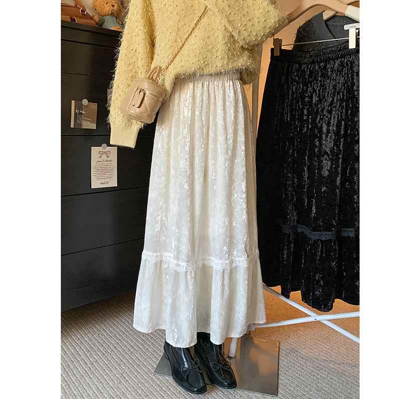 スカート レディース A字スカート ロングスカート 金糸ベロア 高弾性 ウエストゴム マカロンカラー きれいめ かわいい おしゃれ 米杏色 黒 ブラック 通勤 韓国風