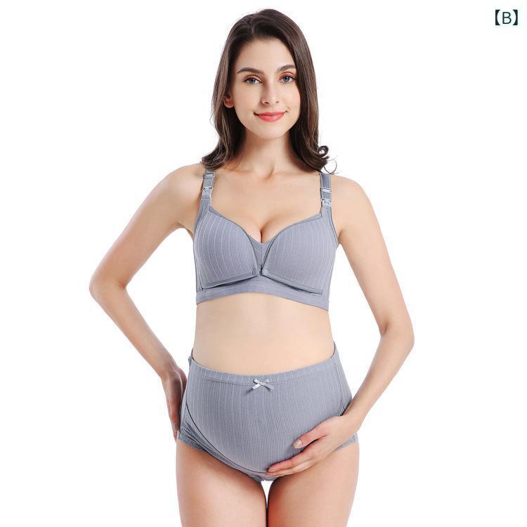 マタニティブラ &amp; ショーツ セット 授乳ブラ 前開き コットン 高腰 リブ 妊婦 下着 薄手 産後 敏感..