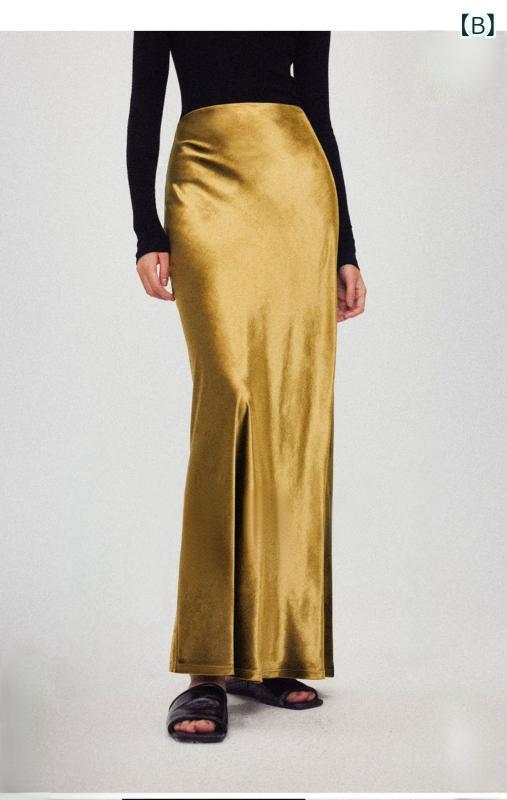 スカート レディース 秋冬 高級感 シルクベルベット 光沢 Hライン ストレート Aライン レトロ ロング丈..