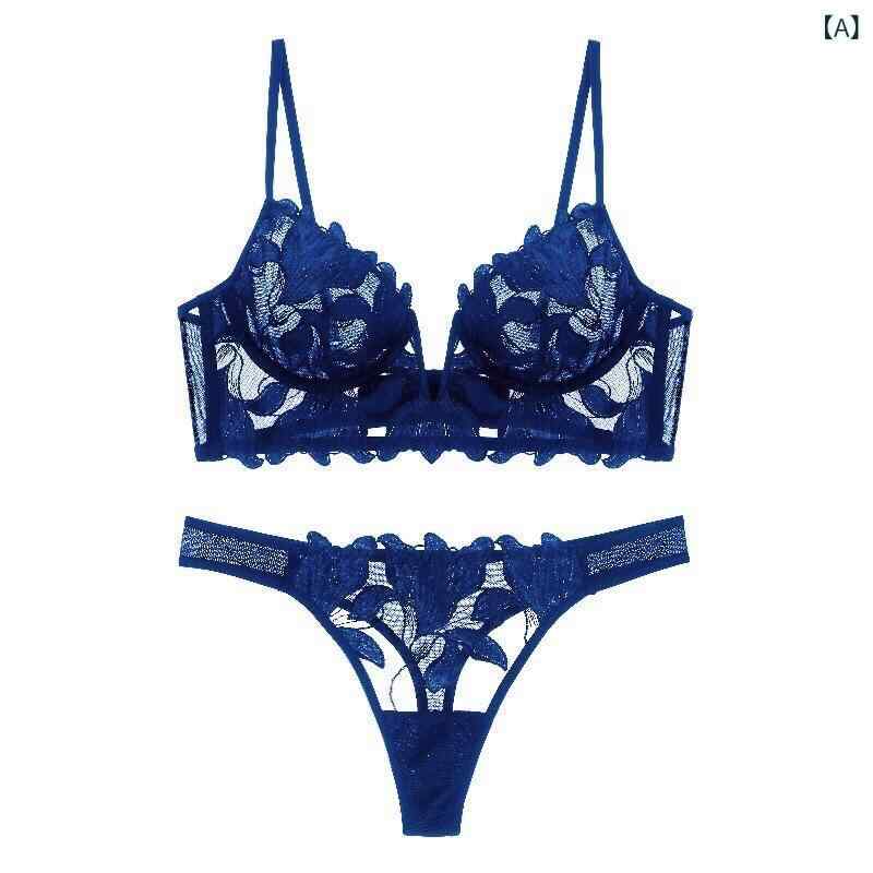 ブラジャー セット レディース 深Vネック 超薄型 3/4カップ 刺繡入り 百合 花柄 網状 通気性 快適 ブル..